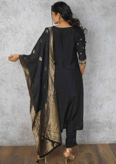 Black Silk Embroidered Straight cut suits