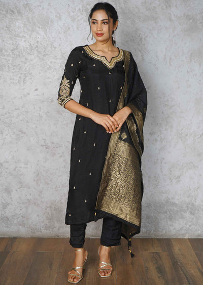 Black Silk Embroidered Straight cut suits