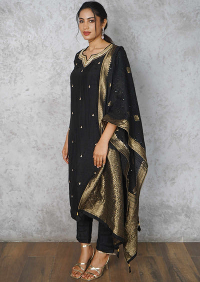 Black Silk Embroidered Straight cut suits