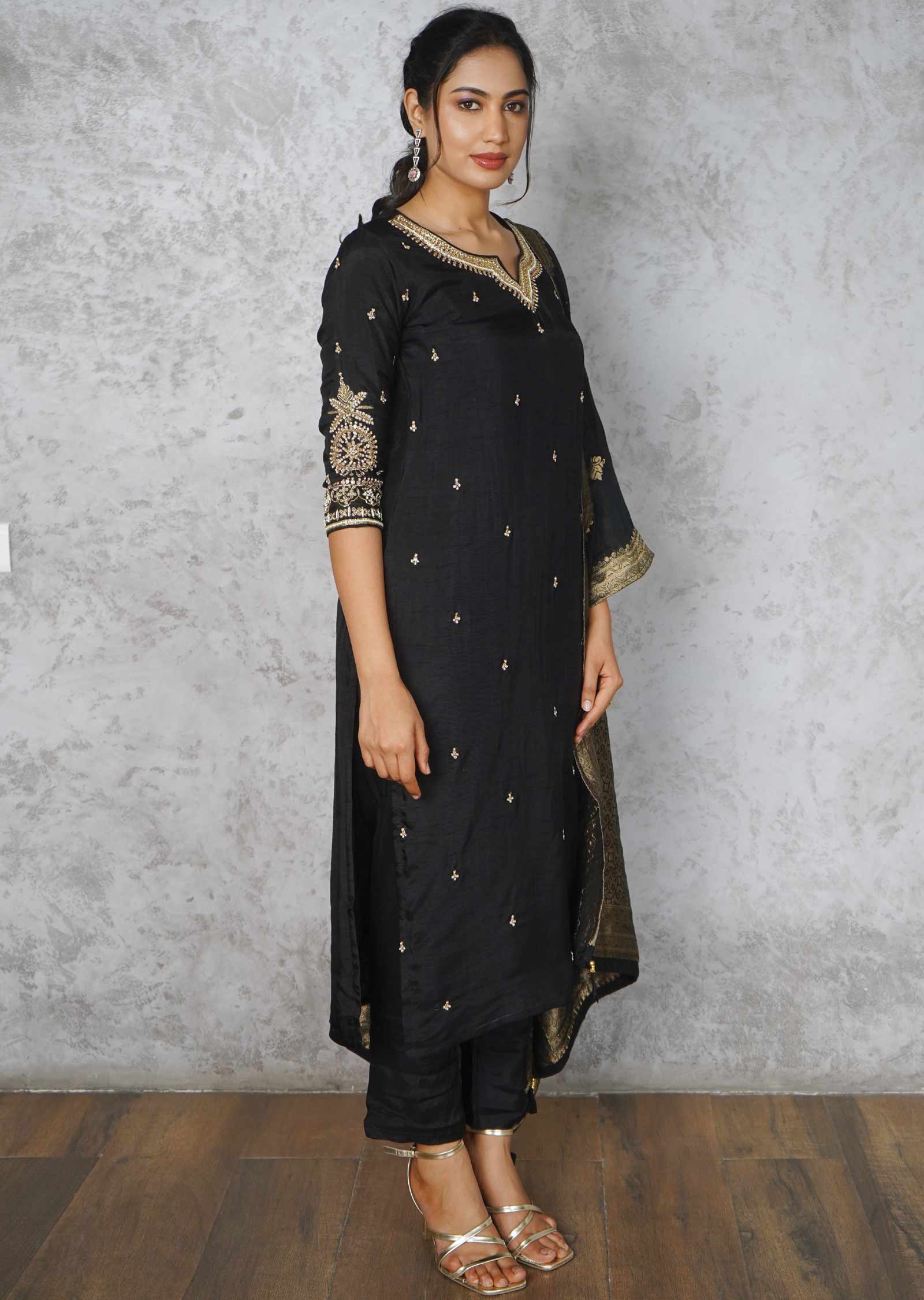 Black Silk Embroidered Straight cut suits