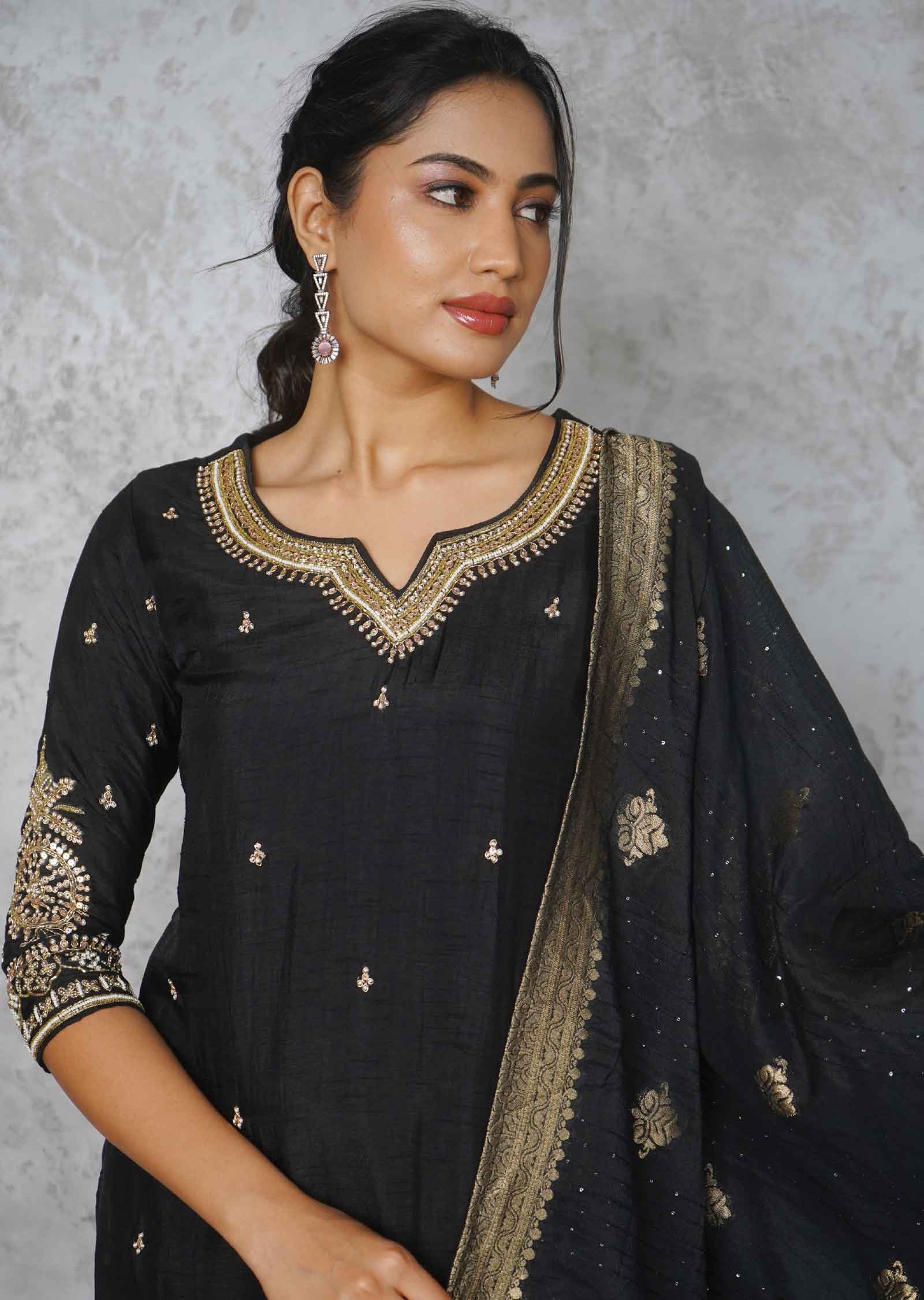 Black Silk Embroidered Straight cut suits