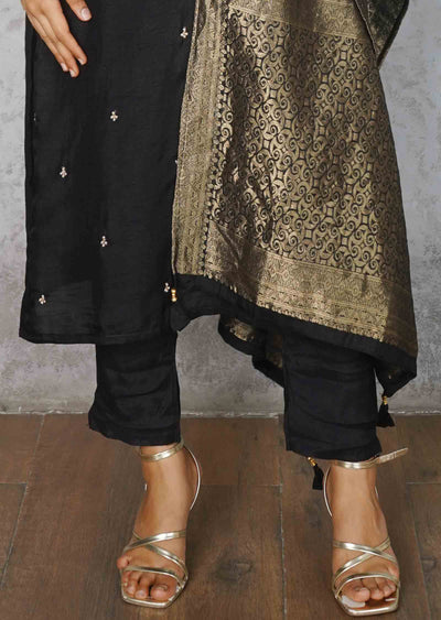 Black Silk Embroidered Straight cut suits