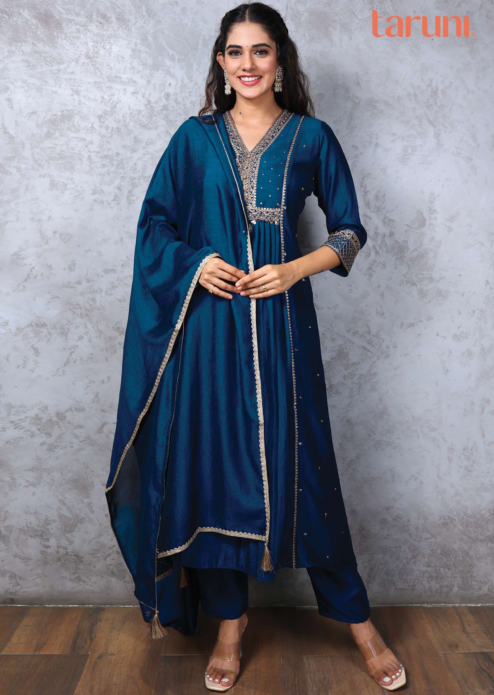 Ink Blue Silk Embroidered Straight cut suits