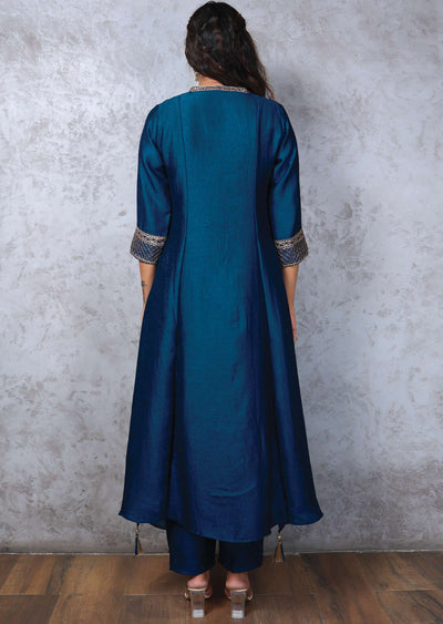 Ink Blue Silk Embroidered Straight cut suits