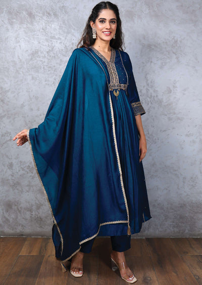 Ink Blue Silk Embroidered Straight cut suits