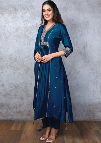 Ink Blue Silk Embroidered Straight cut suits