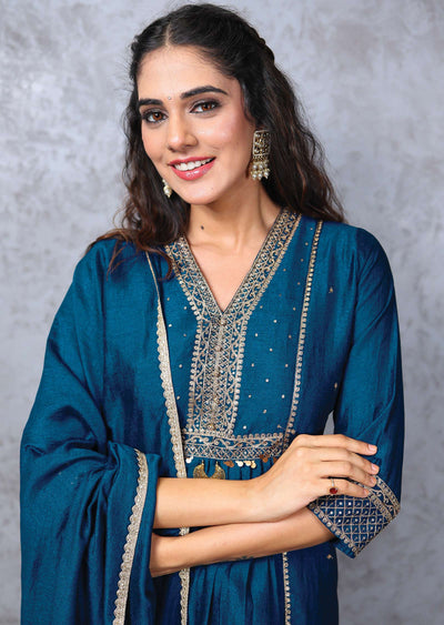 Ink Blue Silk Embroidered Straight cut suits