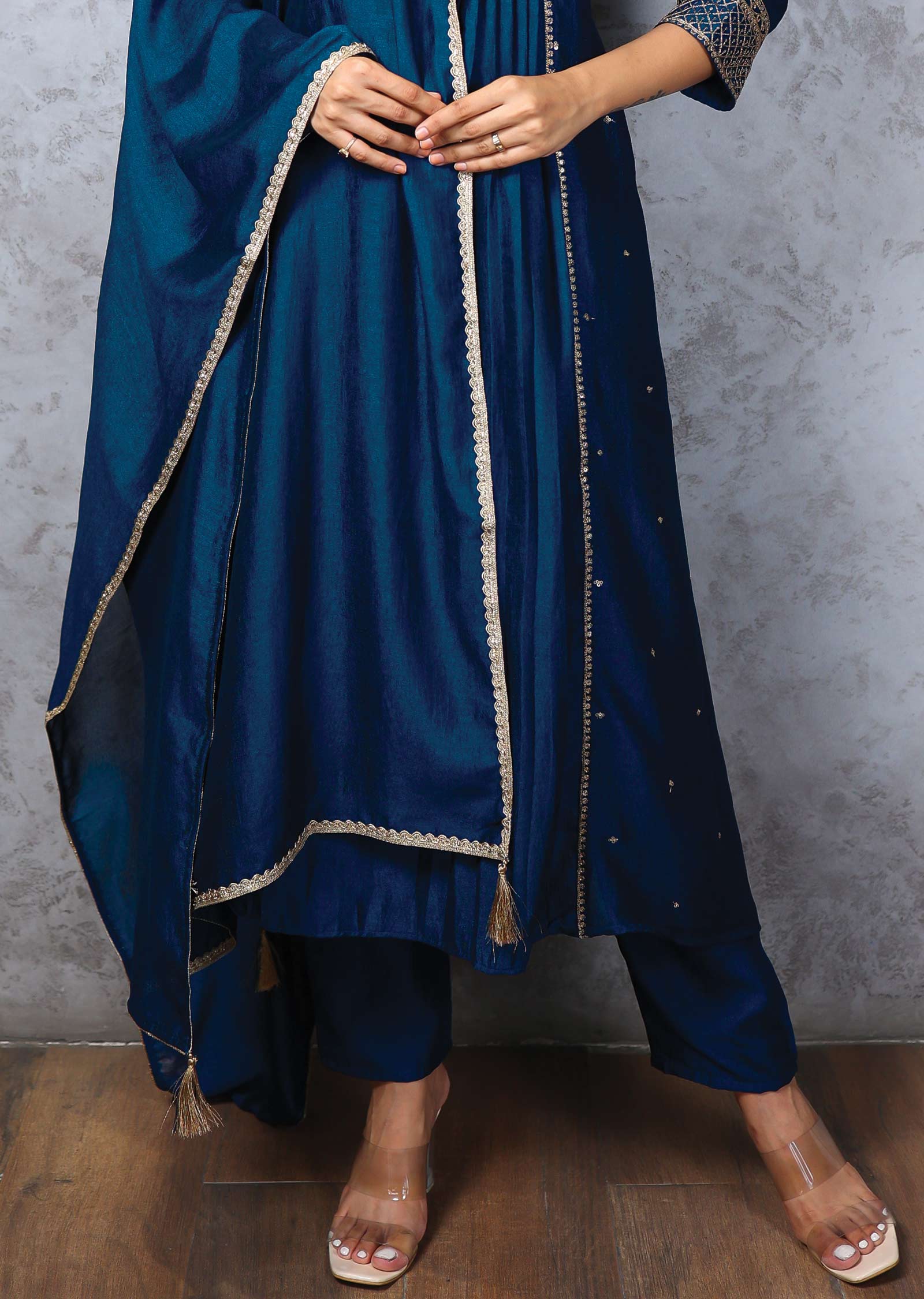 Ink Blue Silk Embroidered Straight cut suits