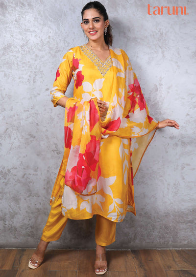 Mustard Mudal Printed Straight cut suits