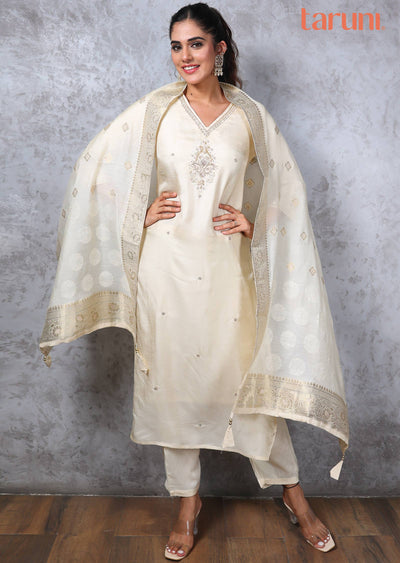 Cream Silk Embroidered Straight cut suits