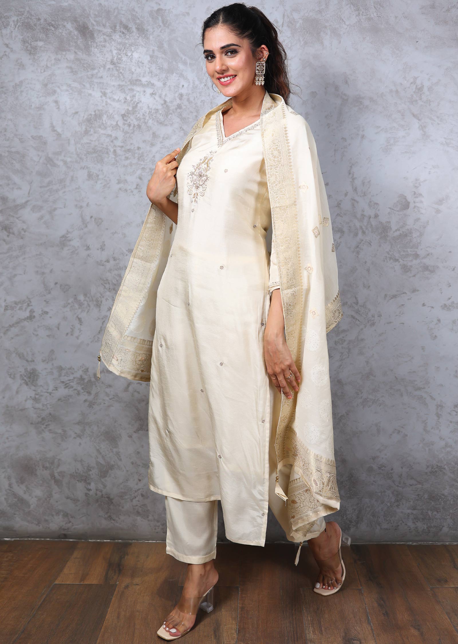 Cream Silk Straight cut suit