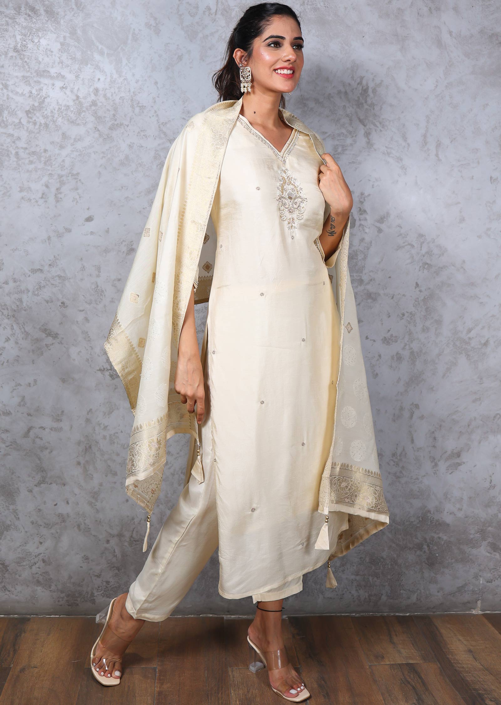 Cream Silk Straight cut suit