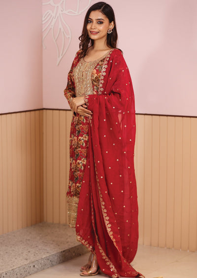 Maroon Tissue silk Straight cut suits