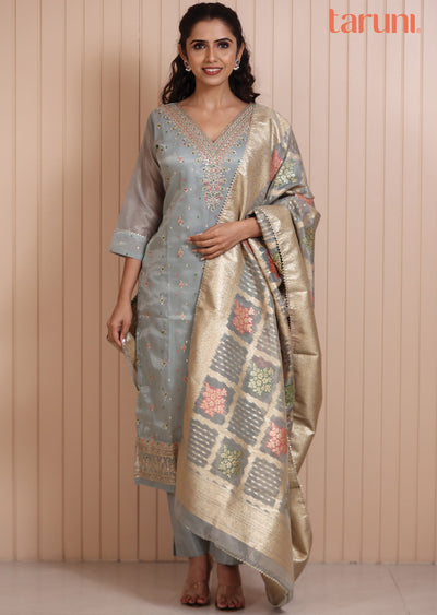 Dusty Green Tissue Silk Zari & Sequence Work Straight cut suits