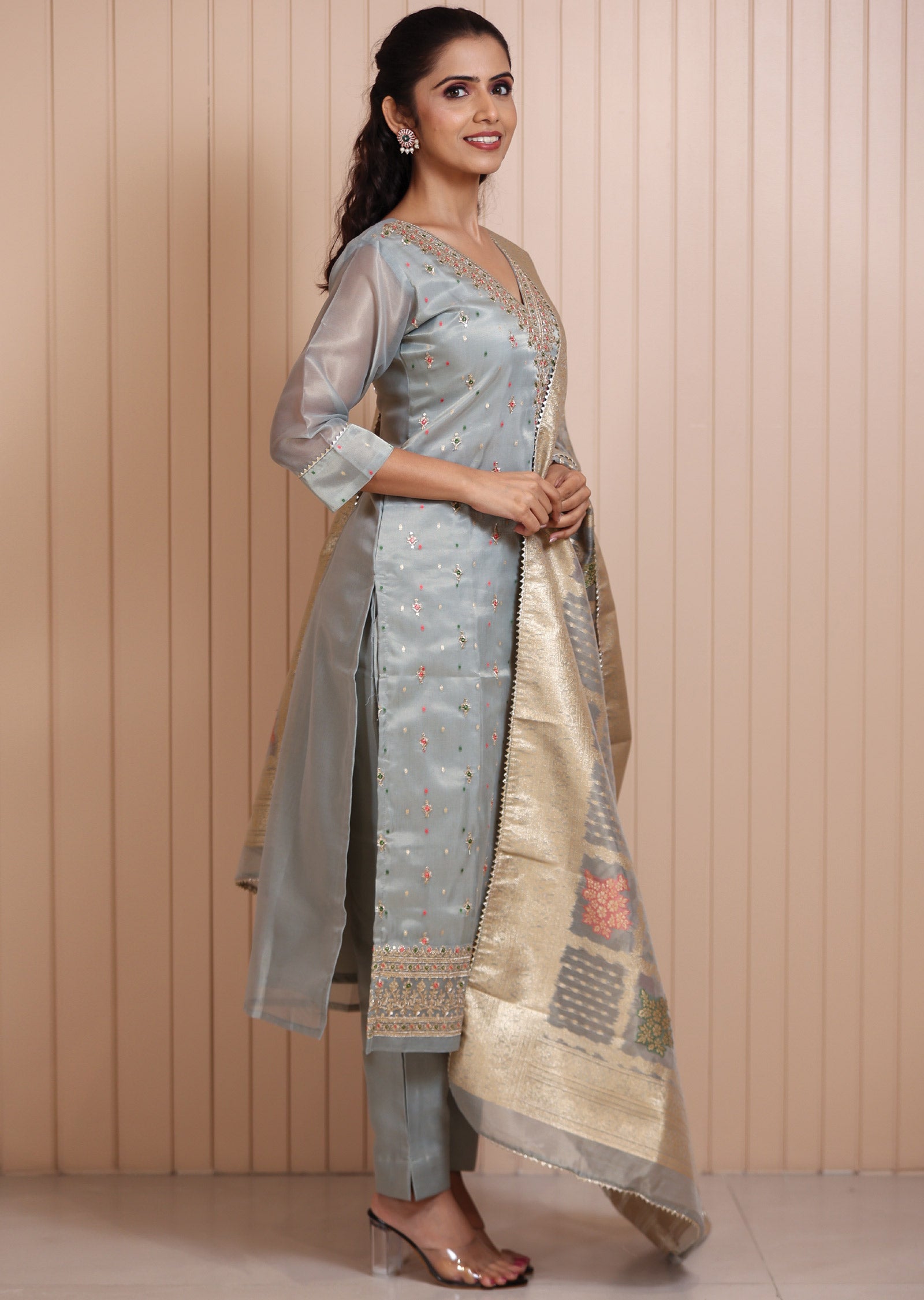 Dusty Green Tissue Silk Zari & Sequence Work Straight cut suits