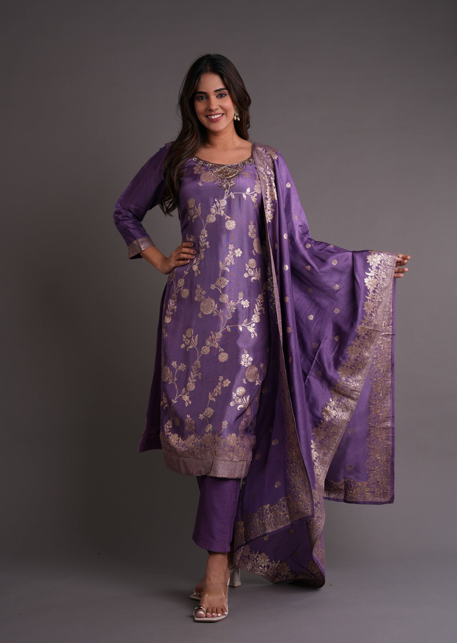 Dark Mouve Banaras Straight cut suits