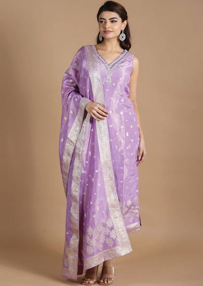 Lavender Tissue Banaras Straight cut suits