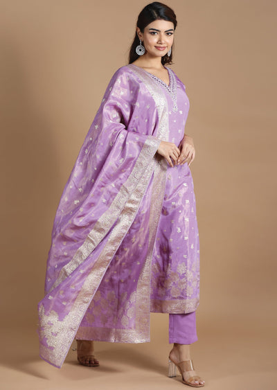 Lavender Tissue Banaras Straight cut suits