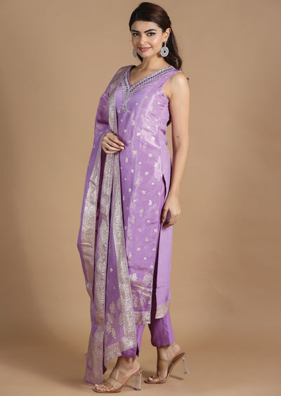 Lavender Tissue Banaras Straight cut suits