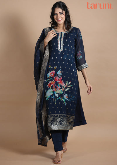 Dark Blue Banaras Straight cut suits