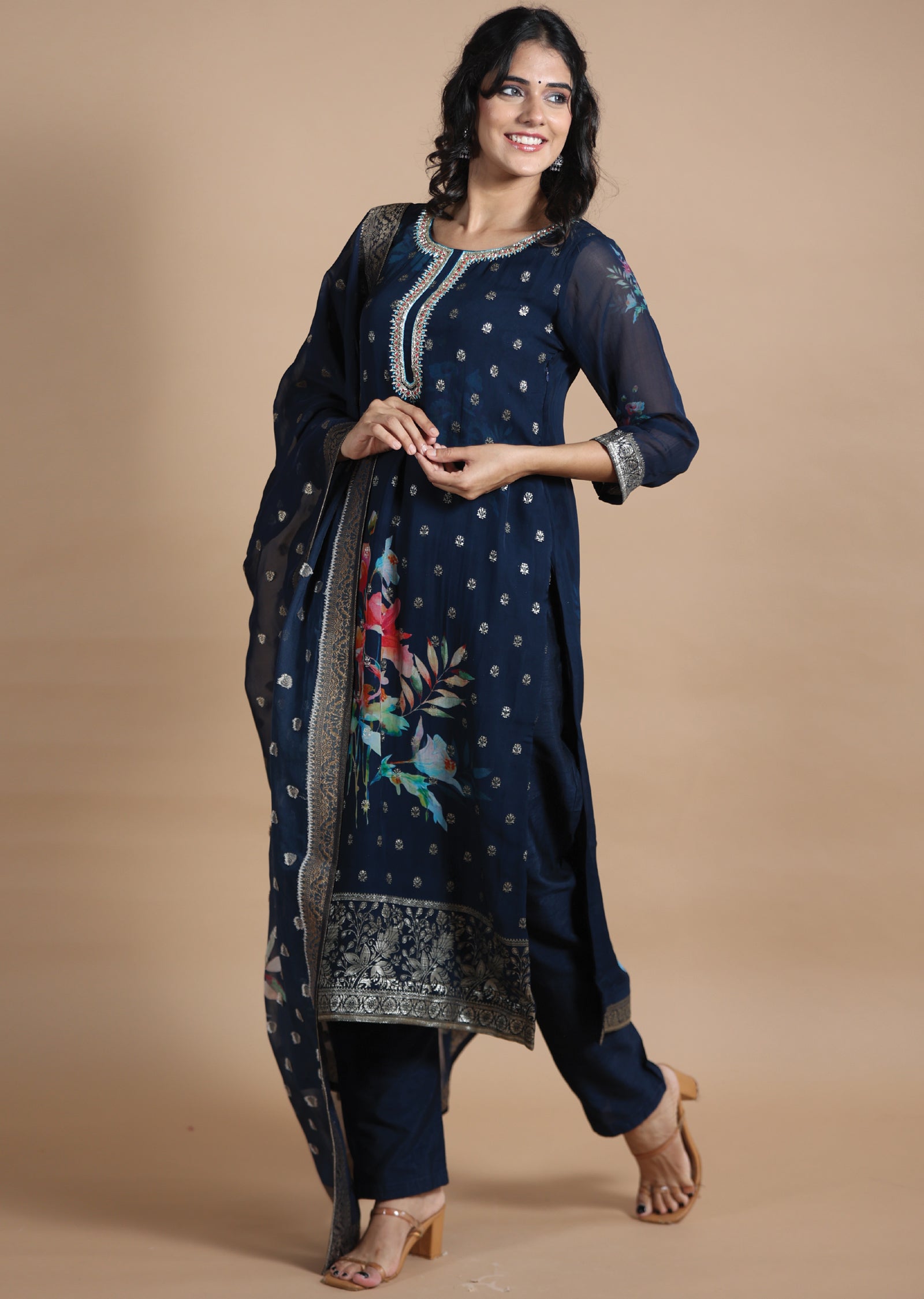 Dark Blue Banaras Straight cut suits