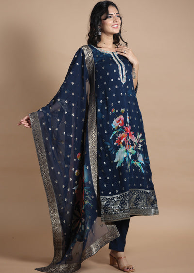 Dark Blue Banaras Straight cut suits