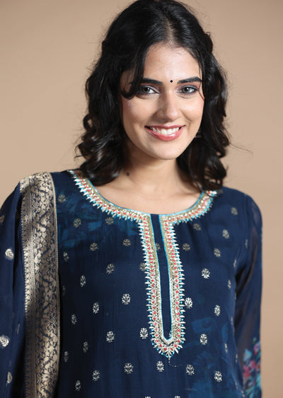 Dark Blue Banaras Straight cut suits