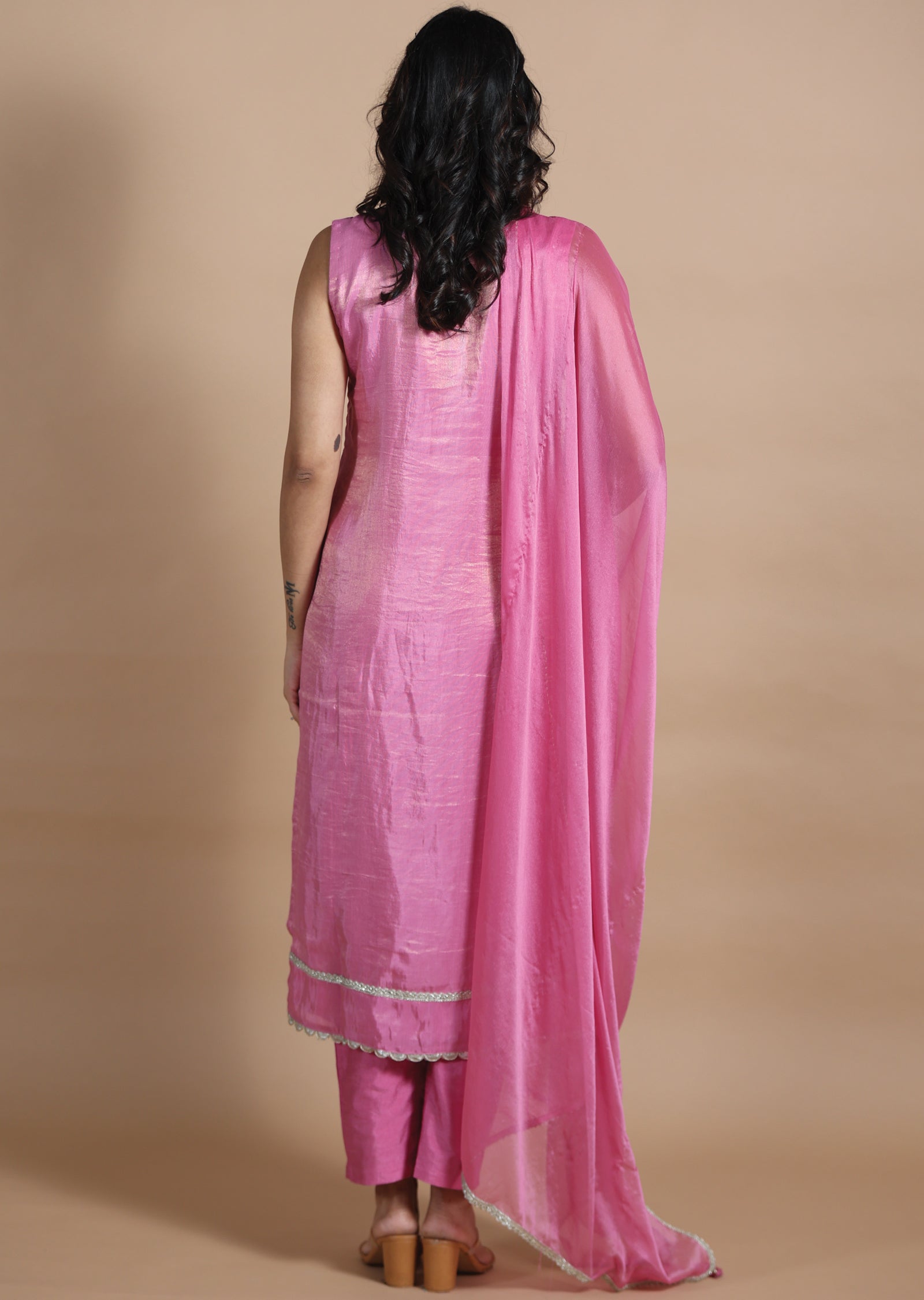 Pink Banaras Tissue Georgette Straight cut suits