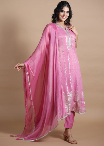 Pink Banaras Tissue Georgette Straight cut suits