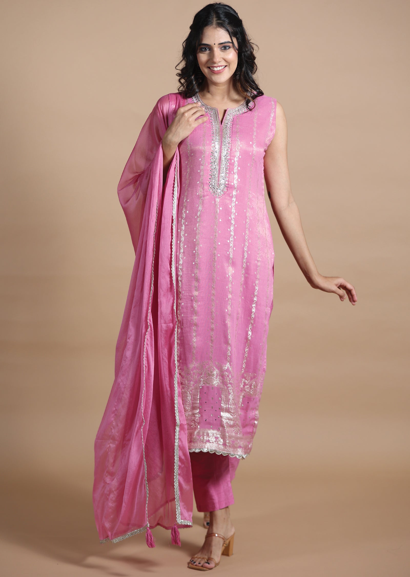 Pink Banaras Tissue Georgette Straight cut suits