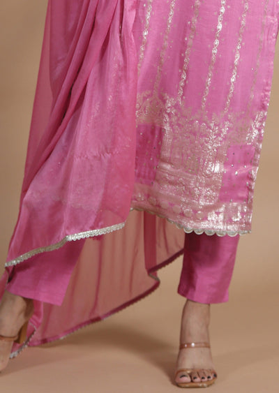 Pink Banaras Tissue Georgette Straight cut suits