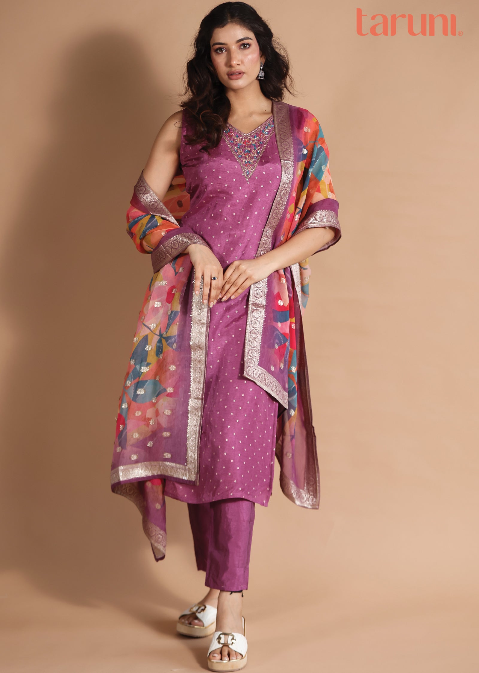 Dark Mauve Banaras Straight cut suits