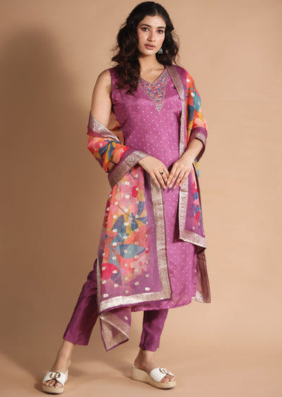 Dark Mauve Banaras Straight cut suits