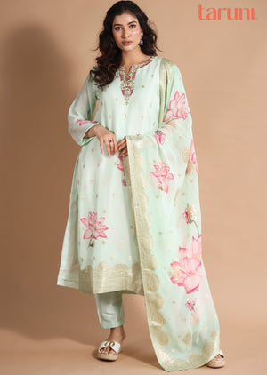 Pista Green Organza Banaras Straight cut suits