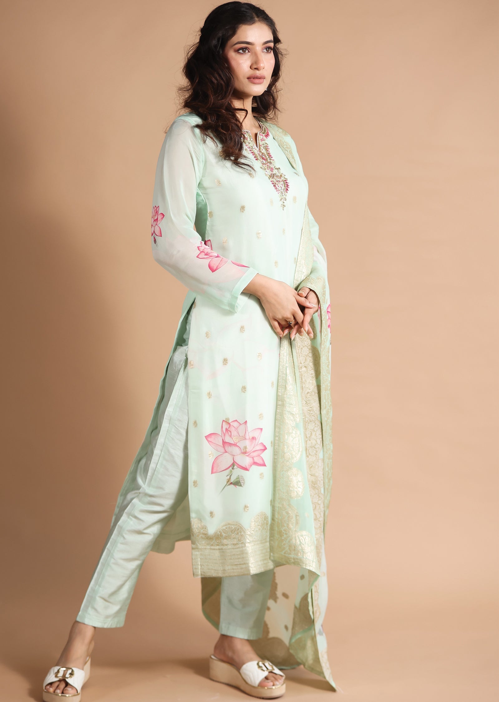 Pista Green Organza Banaras Straight cut suits