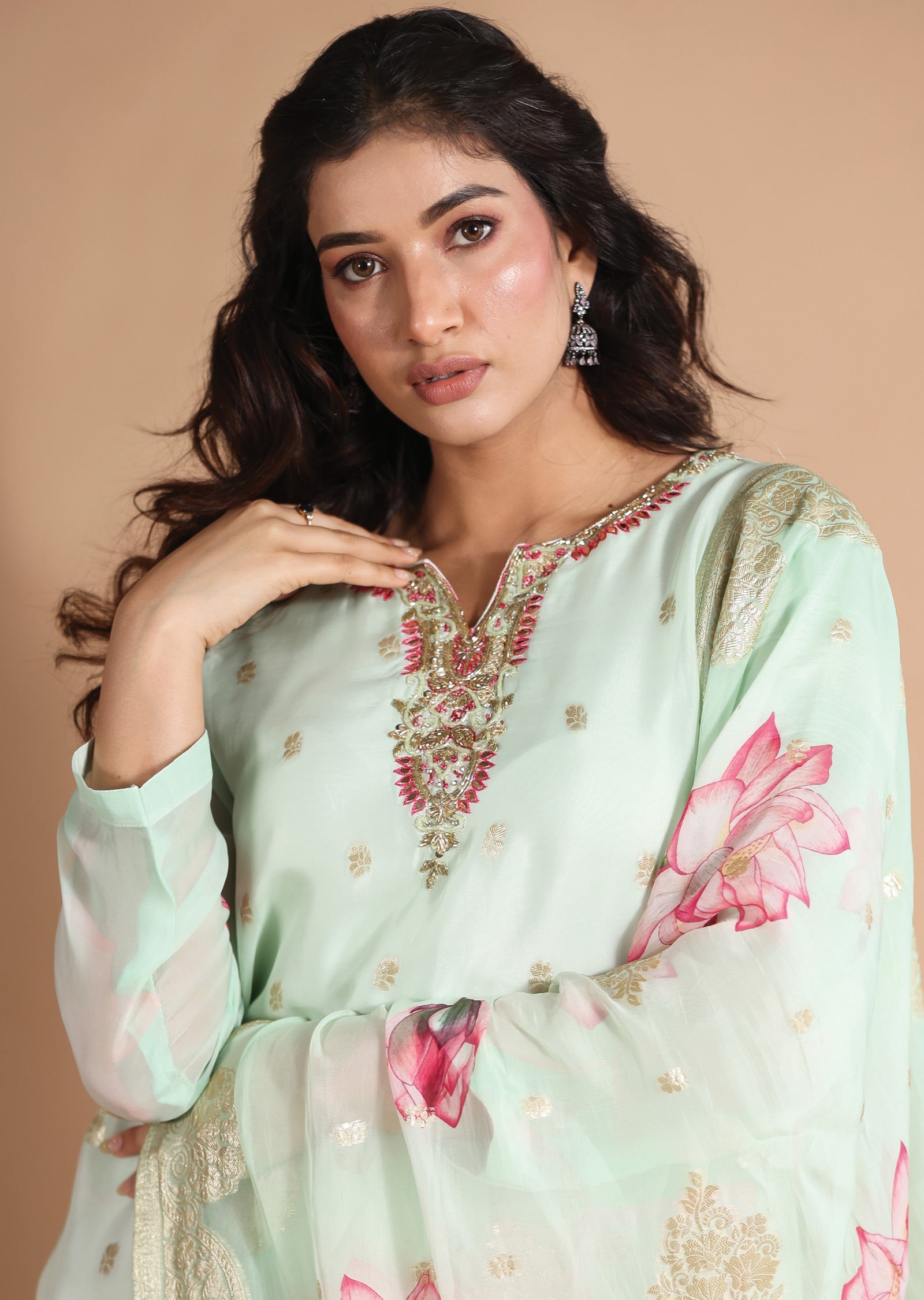 Pista Green Organza Banaras Straight cut suits