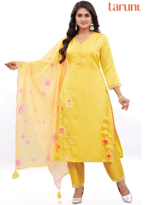 Yellow Soft Silk Straight Cut Suits