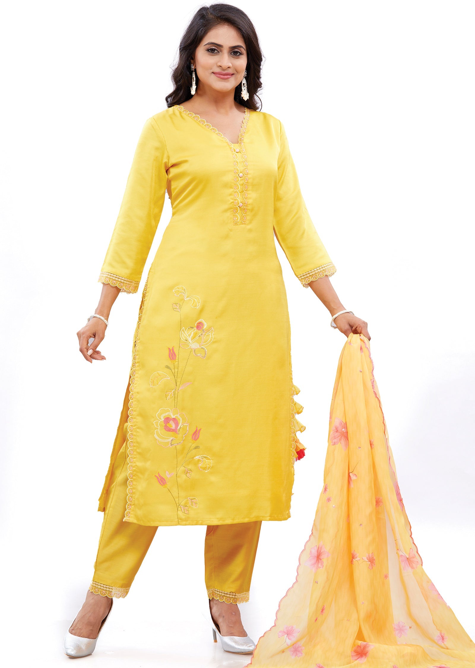 Yellow Soft Silk Straight Cut Suits