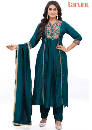 Dark Green Silk Straight Cut Suits