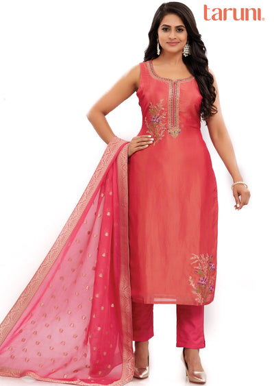 Dark Pink Tissue Silk Straight Cut Suits