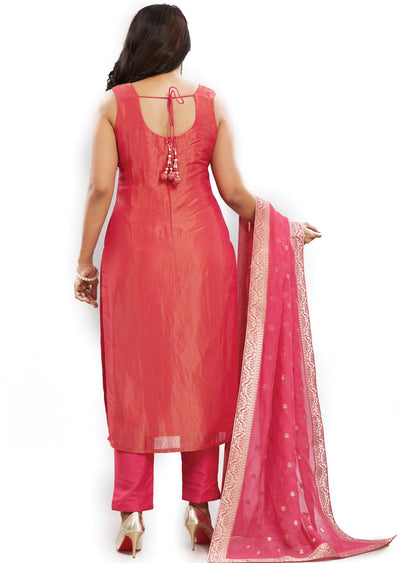 Dark Pink Tissue Silk Straight Cut Suits