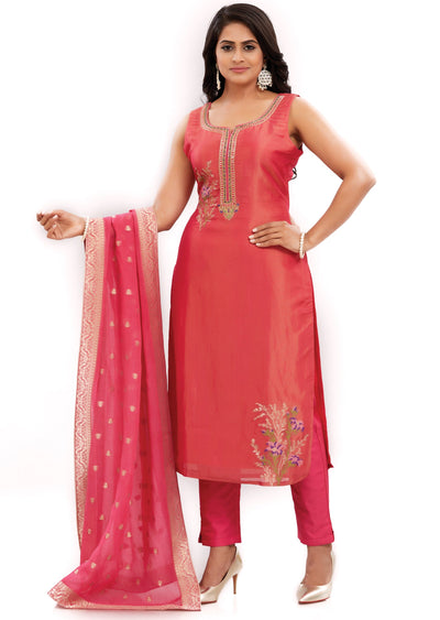 Dark Pink Tissue Silk Straight Cut Suits