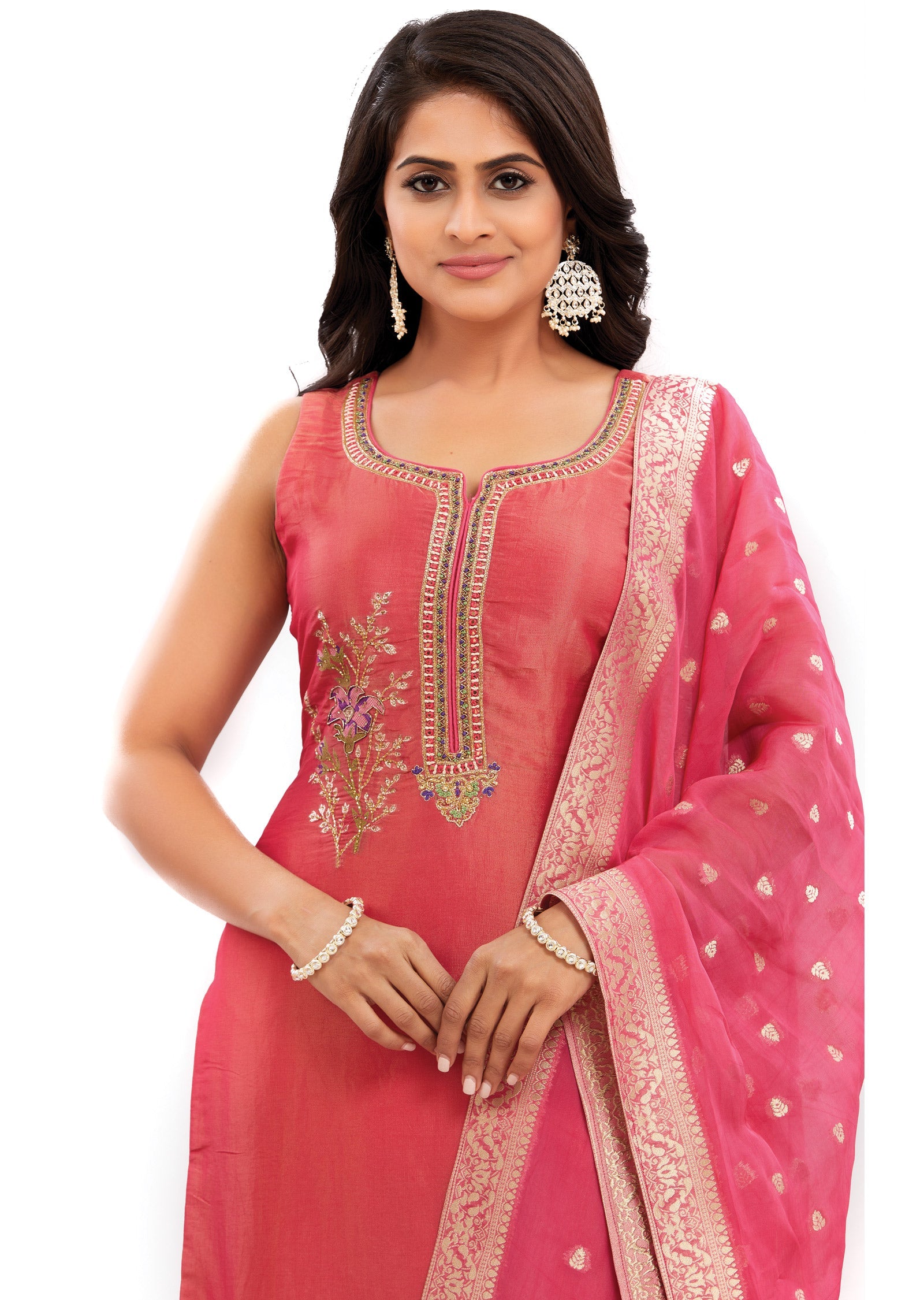 Dark Pink Tissue Silk Straight Cut Suits