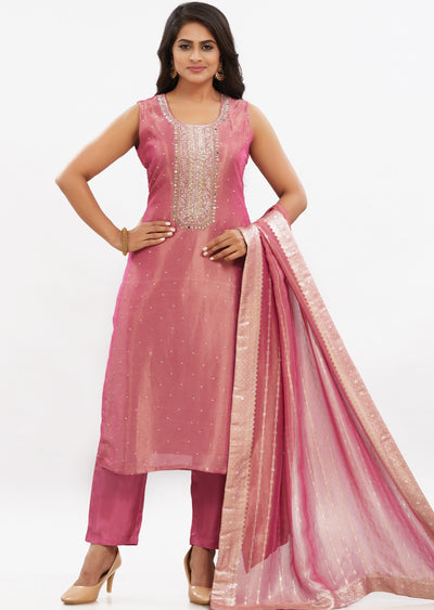 Dark Pink Tissue Silk Straight Cut Suits