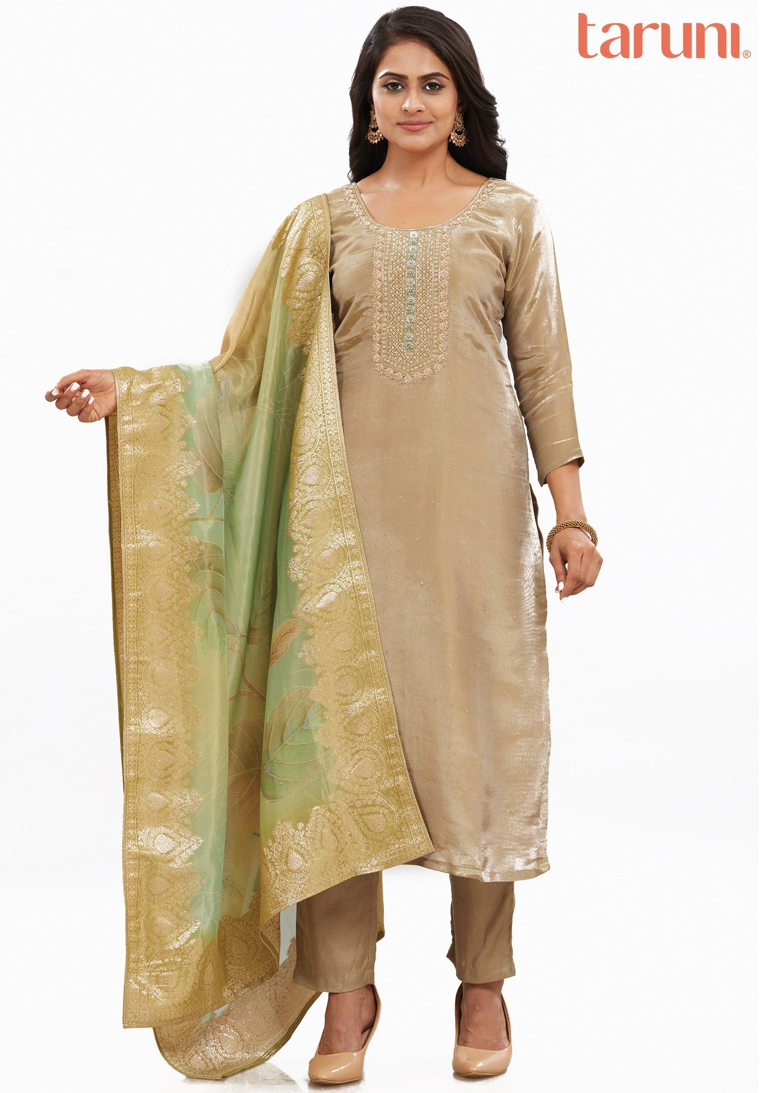 Khaki Tissue Silk Kurti with Zardosi & Beads Work