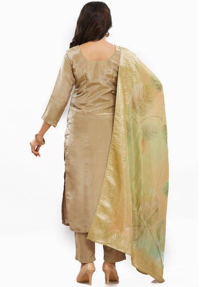 Khaki Tissue Silk Kurti with Zardosi & Beads Work