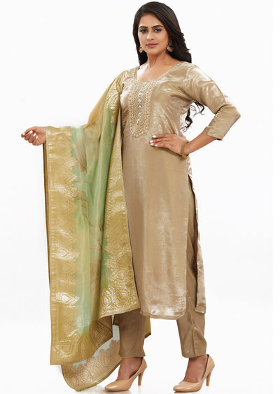 Khaki Tissue Silk Kurti with Zardosi & Beads Work