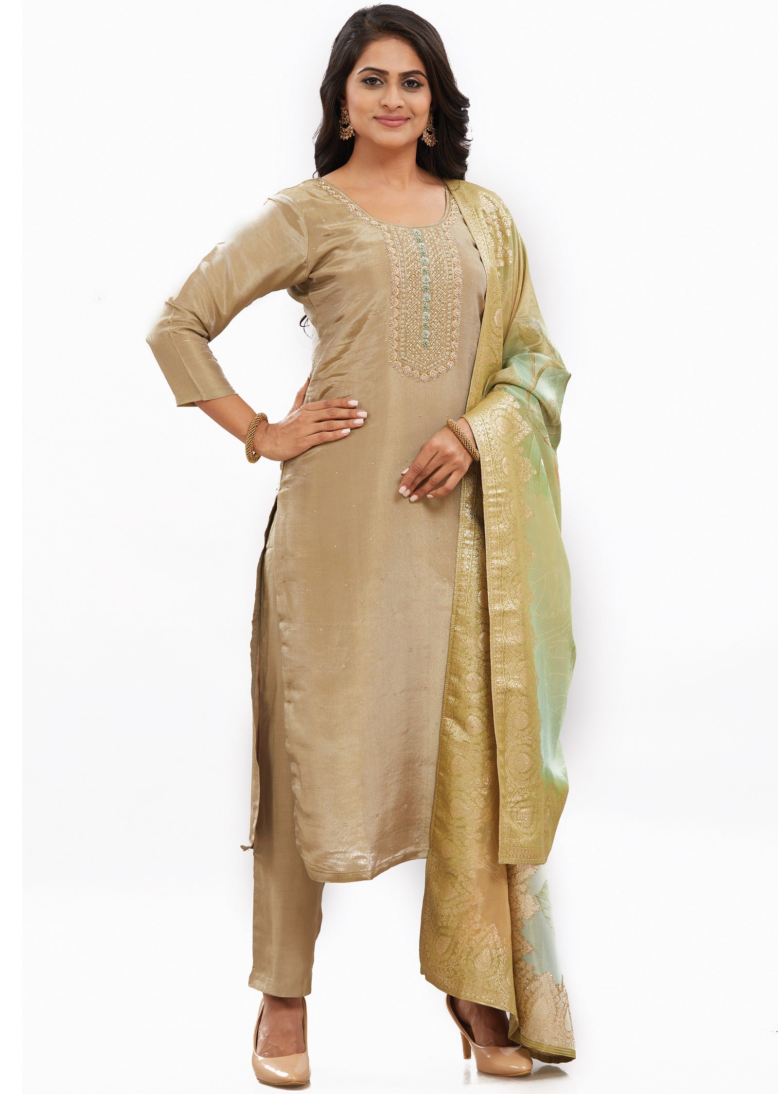 Khaki Tissue Silk Kurti with Zardosi & Beads Work