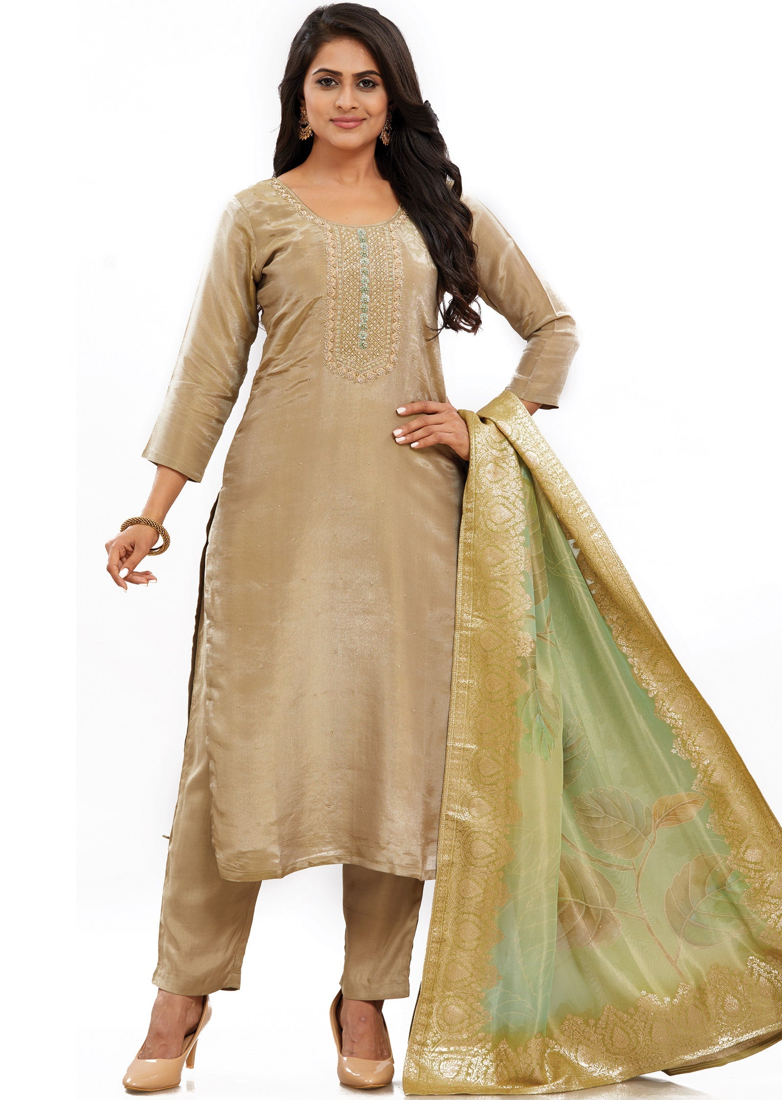 Khaki Tissue Silk Kurti with Zardosi & Beads Work