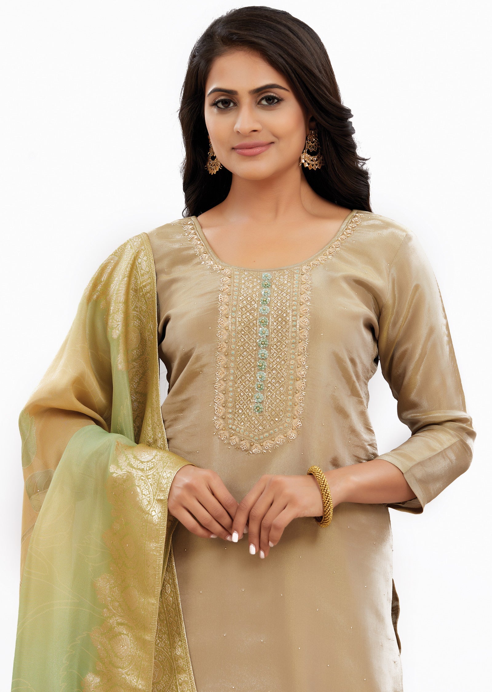 Khaki Tissue Silk Kurti with Zardosi & Beads Work